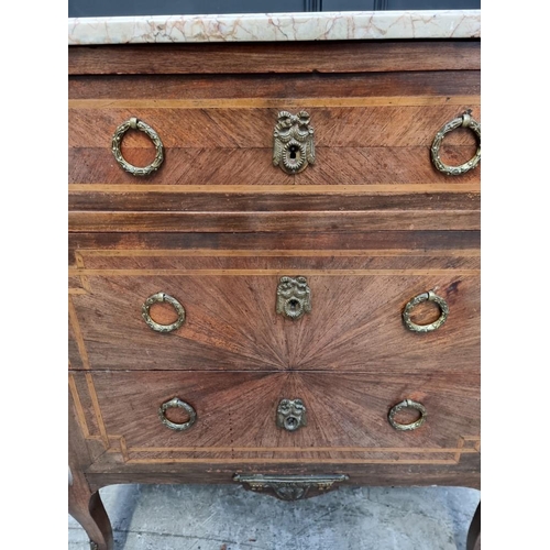 1033 - A late 19th century, Louis XV style, mahogany and inlaid marble top commode, with gilt brass mounts,... 