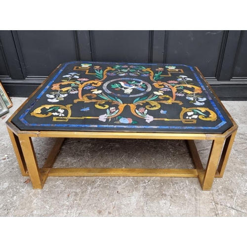 1103 - A large slate and pietra dura table top, 105cm wide, on lacquered brass low stand, (shallow chi... 