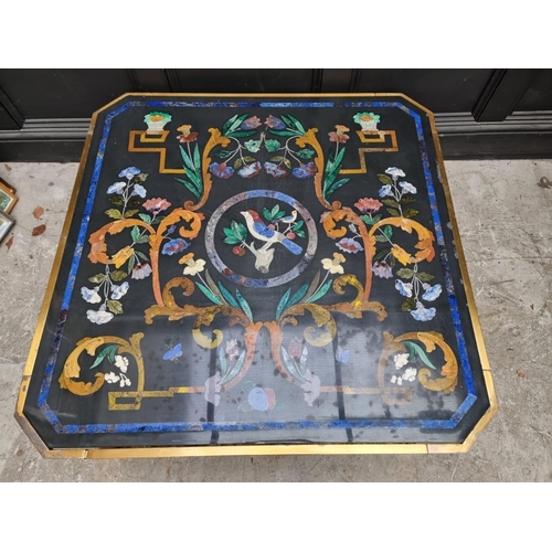 1103 - A large slate and pietra dura table top, 105cm wide, on lacquered brass low stand, (shallow chi... 