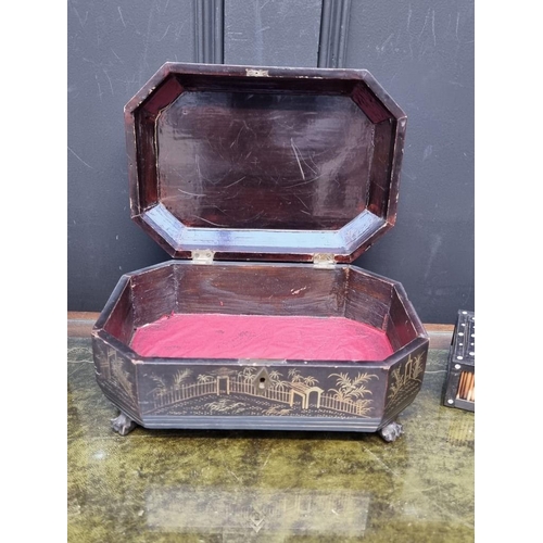 1021 - A 19th century Chinese lacquer casket, 27cm wide; together with a Victorian rosewood tea caddy, (a.f... 