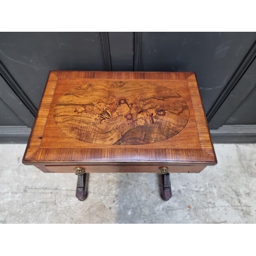 1062 - A rosewood, walnut and inlaid work table, 59.5cm wide, (alterations). 