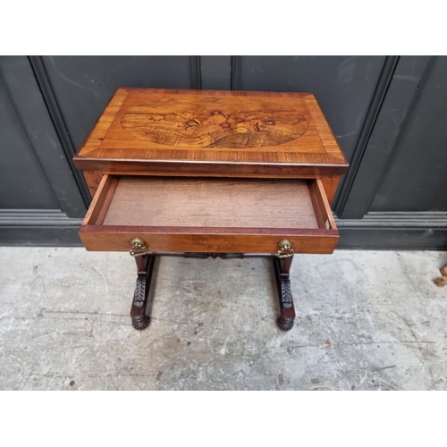 1062 - A rosewood, walnut and inlaid work table, 59.5cm wide, (alterations). 