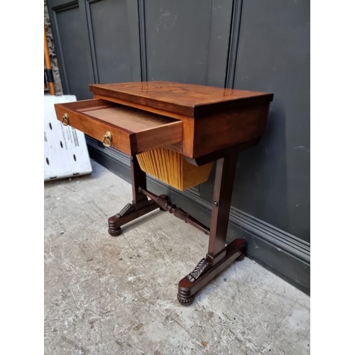 1062 - A rosewood, walnut and inlaid work table, 59.5cm wide, (alterations). 