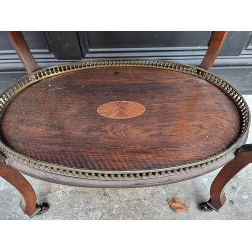 1126 - A circa 1900 rosewood and inlaid oval two-tier occasional table, 73cm wide.