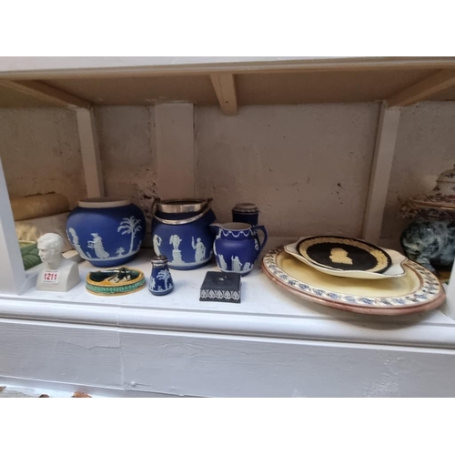 1211 - A mixed group of Wedgwood Jasperware and similar; together with a small Parian bust of 'Burns', 10cm... 