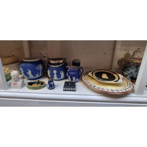 1211 - A mixed group of Wedgwood Jasperware and similar; together with a small Parian bust of 'Burns', 10cm... 