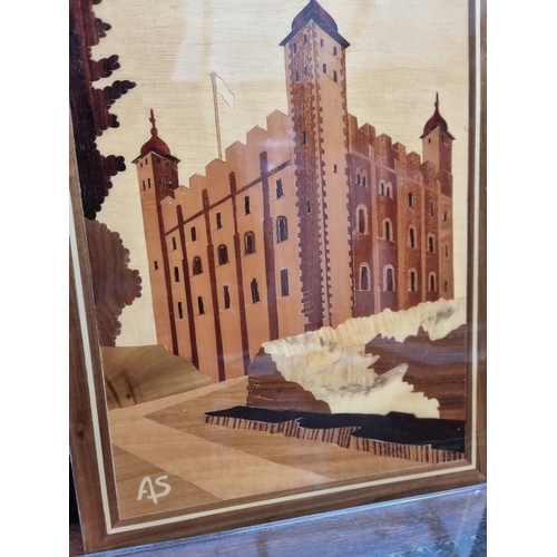 1230 - Two marquetry panels, by Antonio Salzano, depicting London views, largest 30.5 x 40cm. ... 