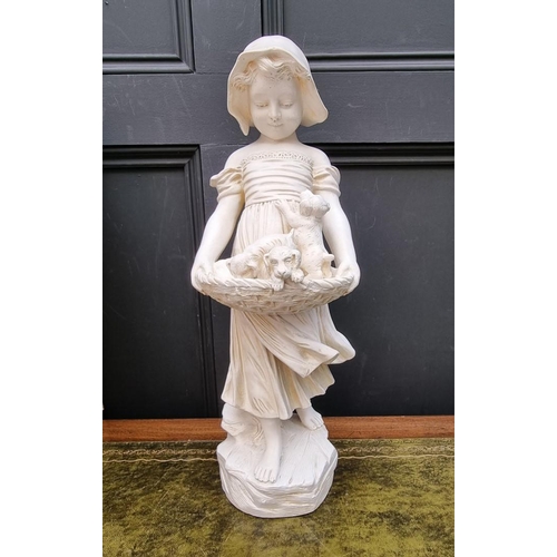 1432 - An Art Nouveau style plaster figure of a girl with three puppies, 52.5cm high.