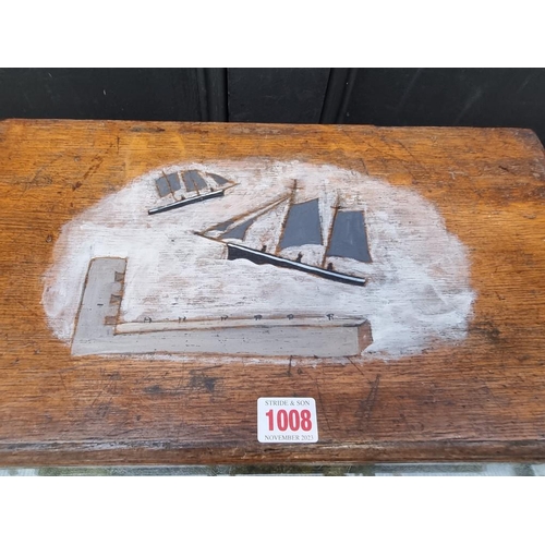 1008 - A small antique oak tool chest, the hinged top painted in the manner of Alfred Wallis, labelled to i... 