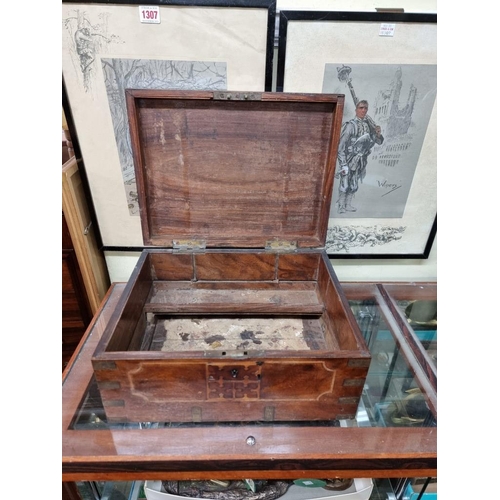 1035 - An unusual 19th century teak, inlaid and brass bound casket, 30cm wide, (with void interior).&n... 