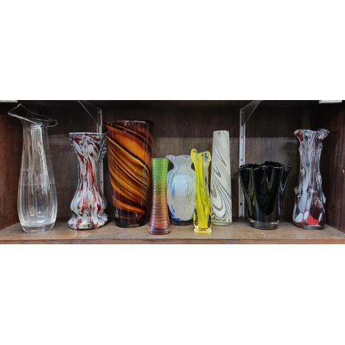 1436 - Nine coloured glass vases, largest 36cm high. (9)