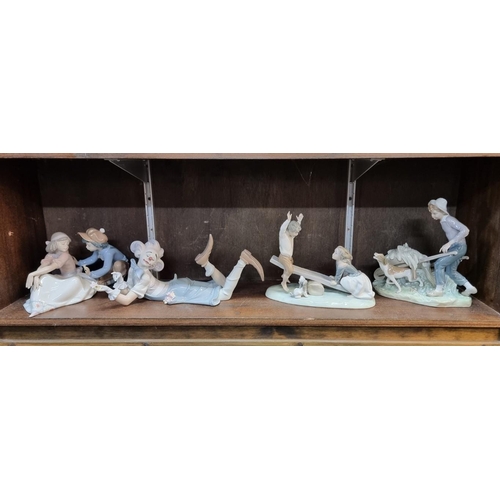 1443 - Three Lladro figures of clowns, largest 33.5cm long, (s.d. to one); together with a Royal Doulton fi... 