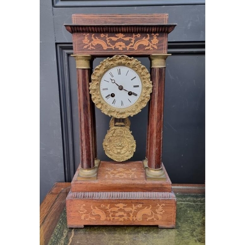 1453 - A late 19th century French rosewood and inlaid portico clock, in Empire style, 45.5cm high.&nbs... 