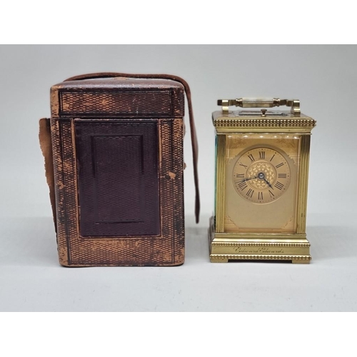 1464 - A good antique brass carriage clock, with push button repeat and gong strike, height including handl... 