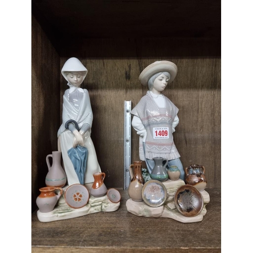 1409 - Two Lladro figures, comprising: 'Pottery Seller'; and 'Mexican Boy with Pottery', largest 30cm high.... 