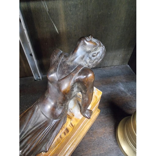 1476 - An Art Deco bronze and marble reclining female, 17.5cm high; together with another brass figure of J... 