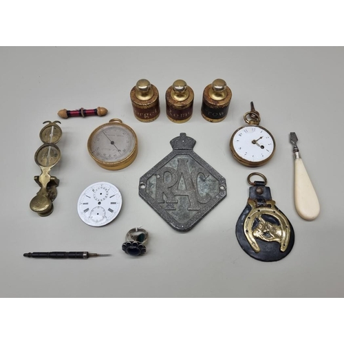 1597 - A mixed lot, to include a gilt brass pocket barometer; sovereign scales; etc. 