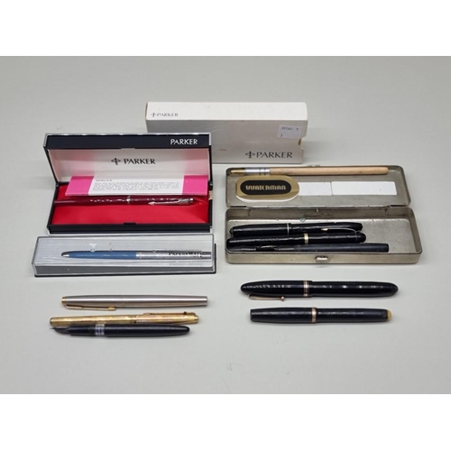 1600 - A small collection of vintage pens, five with 14ct nibs, (some incomplete). ... 