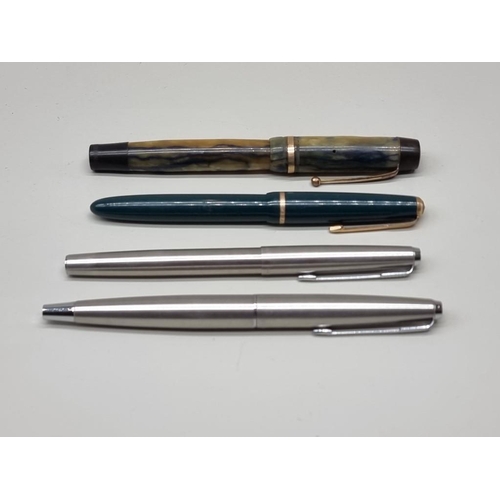 1603 - Four vintage pens, to include a Parker 'Slimfold', with 14k nib; and Mentmore 'Diploma', with 14ct n... 