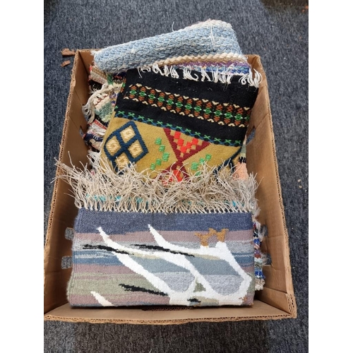 1458 - Three Swedish rag rugs, largest 200 x 67cm; together with a woven cushion cover; and a decorative wo... 