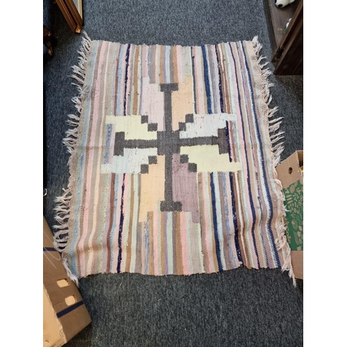 1458 - Three Swedish rag rugs, largest 200 x 67cm; together with a woven cushion cover; and a decorative wo... 