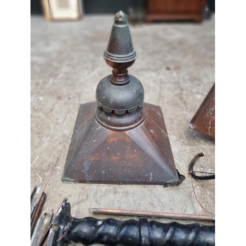 1673 - A Victorian style black painted cast metal wall bracket and coppered lantern, the lantern 35cm wide,... 