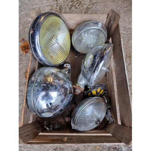 1683 - Automobilia: five vintage chrome car headlamps; together with an AA radiator badge.