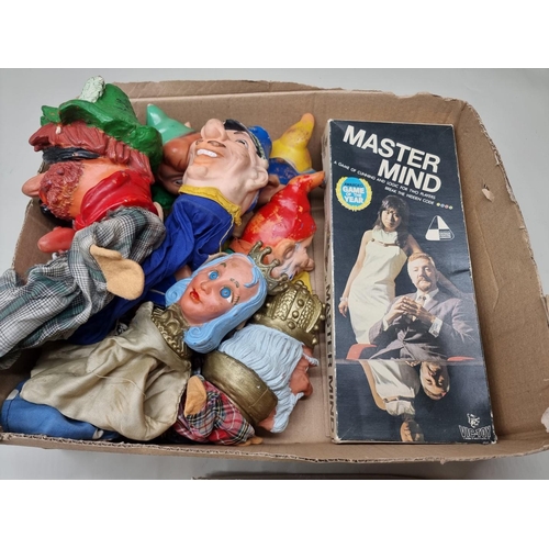 129 - Hand Puppets: ten vintage hand puppets; together with a similar head, and four various games to... 