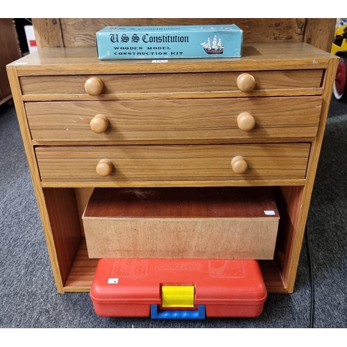 183 - Meccano: a large quantity in three drawer chest, Meccano carry case and wooden box.