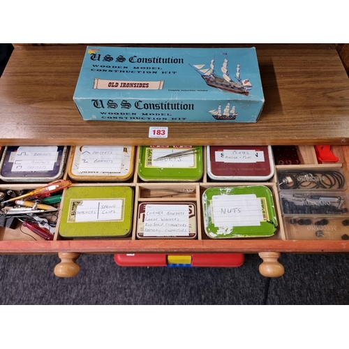 183 - Meccano: a large quantity in three drawer chest, Meccano carry case and wooden box.