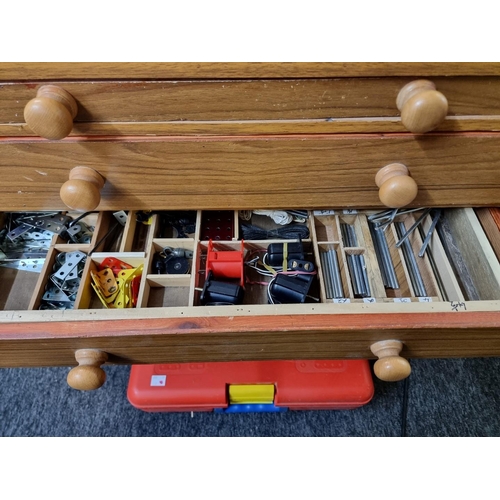 183 - Meccano: a large quantity in three drawer chest, Meccano carry case and wooden box.