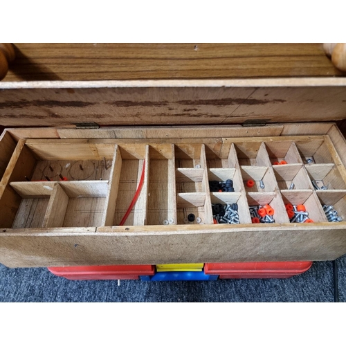 183 - Meccano: a large quantity in three drawer chest, Meccano carry case and wooden box.