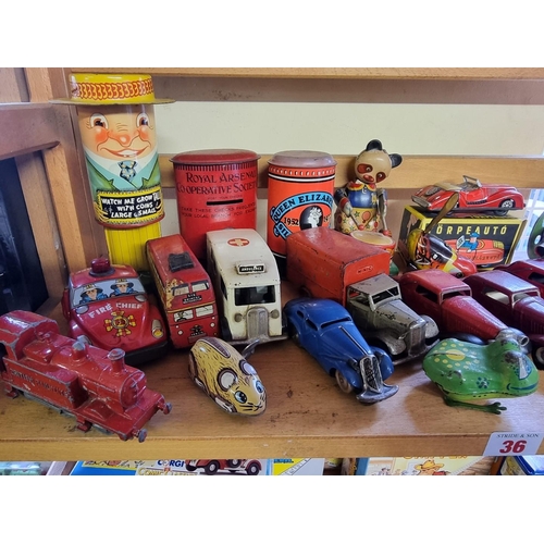 36 - Vintage Tinplate: a group of vintage tinplate items, to include Minic vehicles, money boxes, cl... 