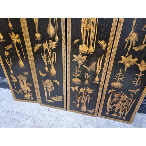 1020 - A set of four black and gilt panels, each 167.5 x 38cm, (formerly hinged).