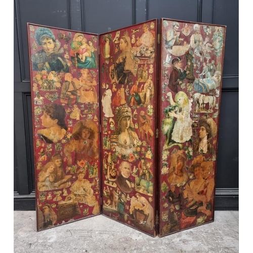 1027 - A Victorian three fold decoupage screen, decorated to both sides, each panel 169 x 58cm.... 