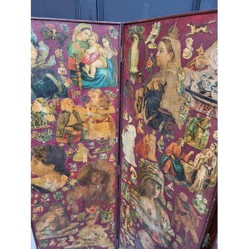 1027 - A Victorian three fold decoupage screen, decorated to both sides, each panel 169 x 58cm.... 