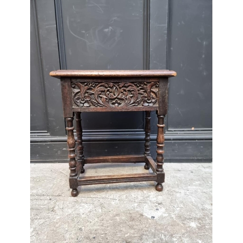 1065 - A carved oak box seat joint stool, 45.5cm wide.