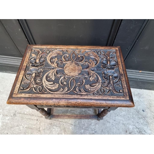 1065 - A carved oak box seat joint stool, 45.5cm wide.