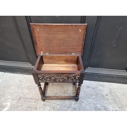 1065 - A carved oak box seat joint stool, 45.5cm wide.