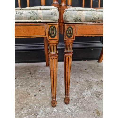 1077 - A pair of antique, Sheraton style, painted satinwood and cane open arm elbow chairs. ... 