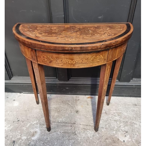 1082 - A late 18th century Dutch walnut and marquetry demi-lune card table, with double gateleg action, 76c... 