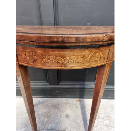 1082 - A late 18th century Dutch walnut and marquetry demi-lune card table, with double gateleg action, 76c... 