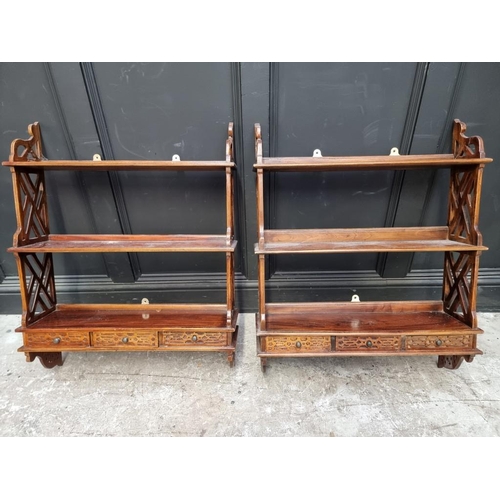 1104 - A pair of 18th century style hanging open shelves, 91cm high x 72.5cm wide.