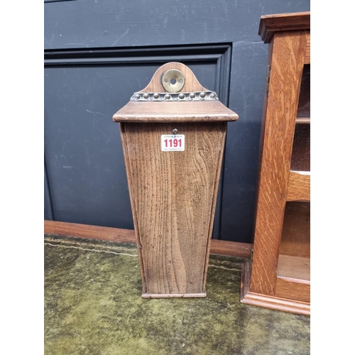 1191 - An antique elm candle box, 38cm high; together with a small oak hanging cabinet, 42cm high. (2)... 