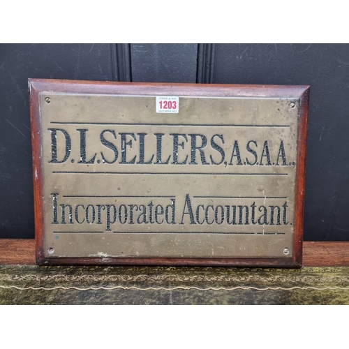 1203 - An old brass 'D L Sellers..., Incorporated Accountant' sign, on mahogany mount, 27 x 40cm.  &nb... 