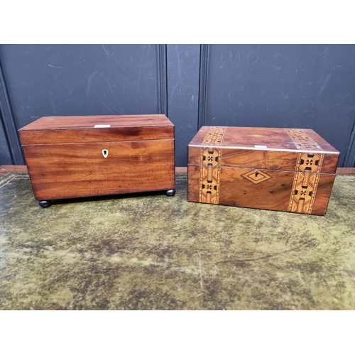 1205 - An early 19th century mahogany tea caddy, with bone escutcheon, 31.5cm wide; together with another V... 