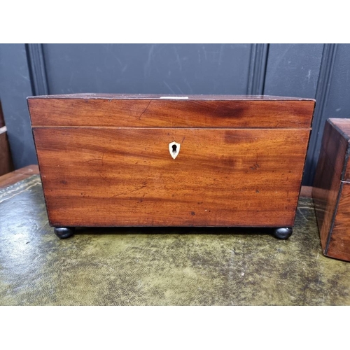 1205 - An early 19th century mahogany tea caddy, with bone escutcheon, 31.5cm wide; together with another V... 