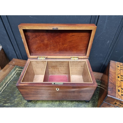 1205 - An early 19th century mahogany tea caddy, with bone escutcheon, 31.5cm wide; together with another V... 