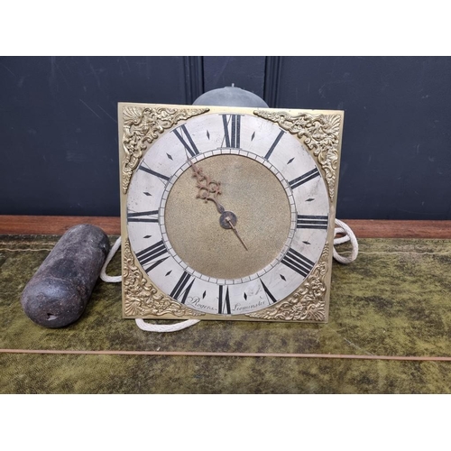 1212 - An 18th century brass 10in 30 hour longcase clock dial and movement, the silvered chapter ring inscr... 