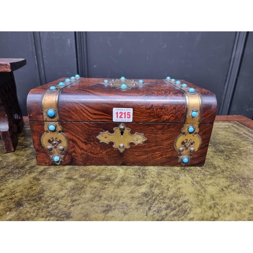 1215 - A Victorian walnut and gilt brass workbox, with turquoise cabochons, 29.5cm wide; together with a sm... 